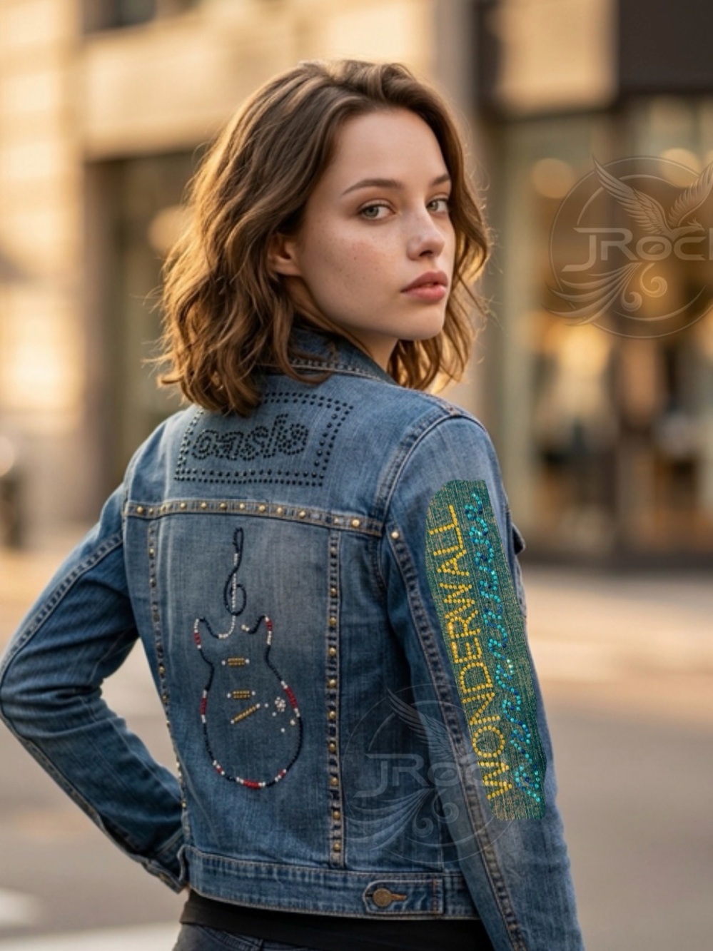 Denim Jean Jacket with Oasis Crystal Logo on back. Sleeve and back designs!